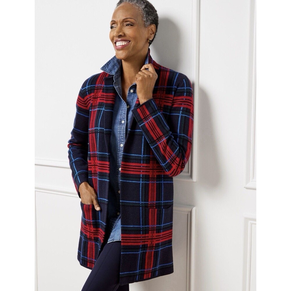 Talbots Women's Size Medium Navy Blue Red Cabin Plaid Merino Wool Coatigan